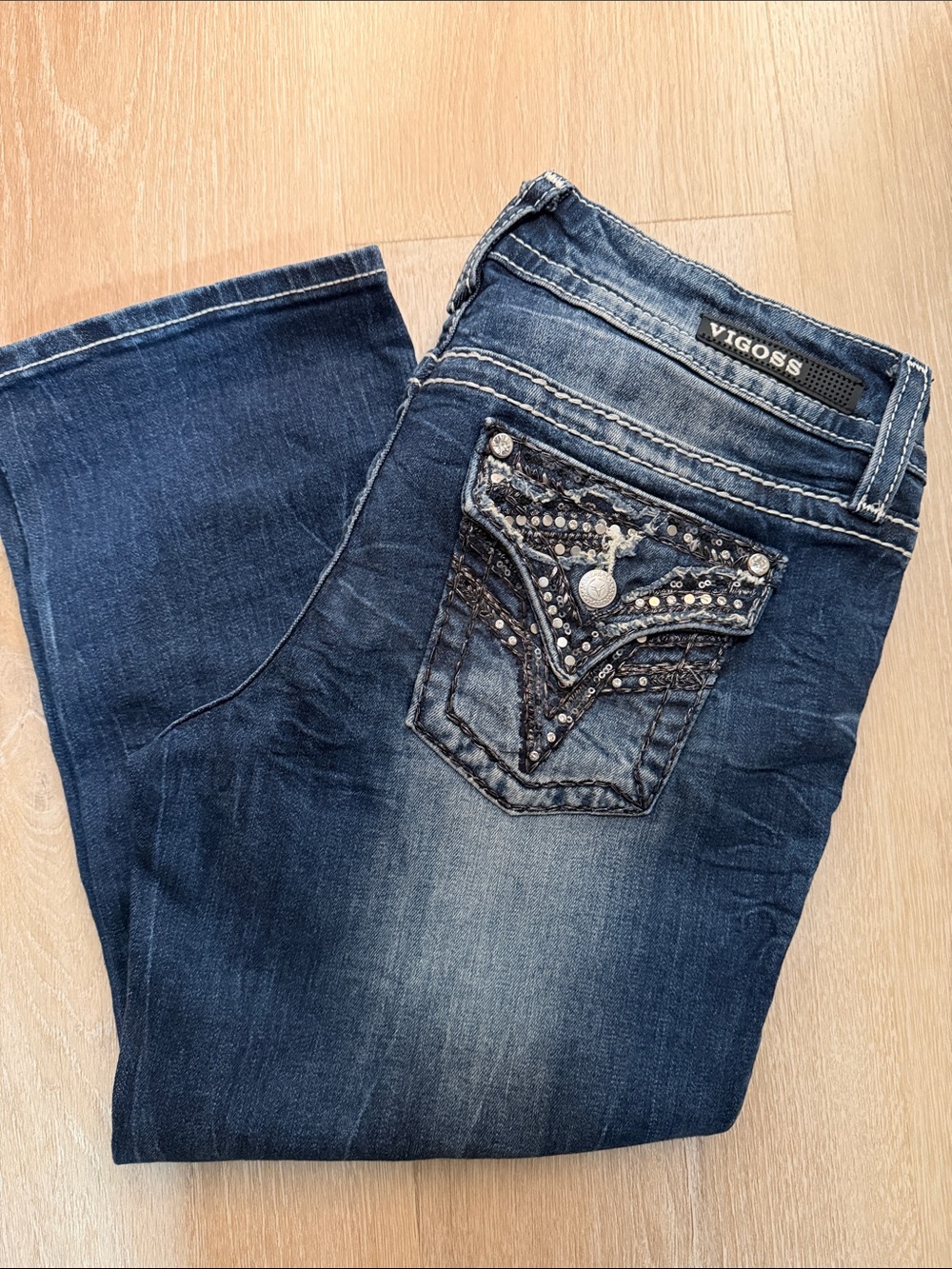 Vigoss Women's Dark Blue Bootcut Jeans with Embellished Pocket